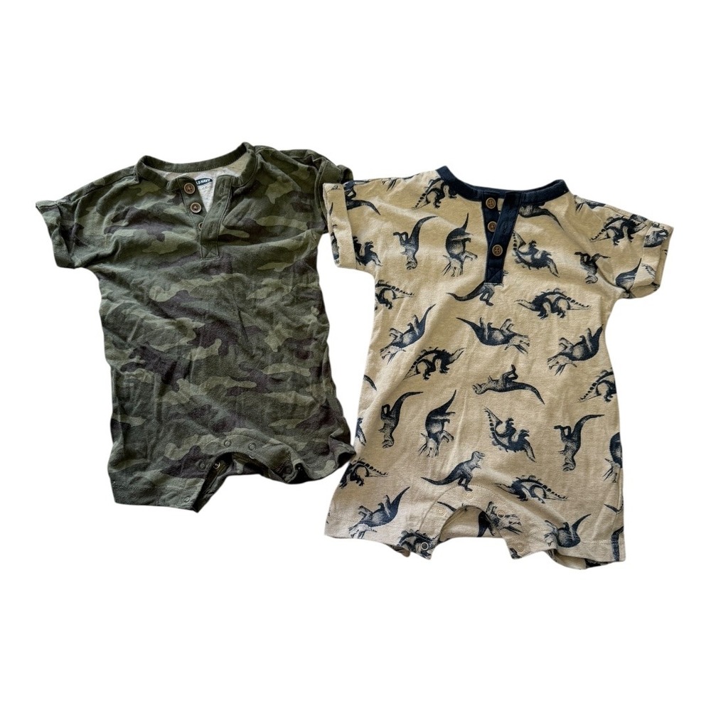 Old Navy Romper Kids 6-12M 2pk Henley Camo Dinosaur Short Sleeve One-Piece‎